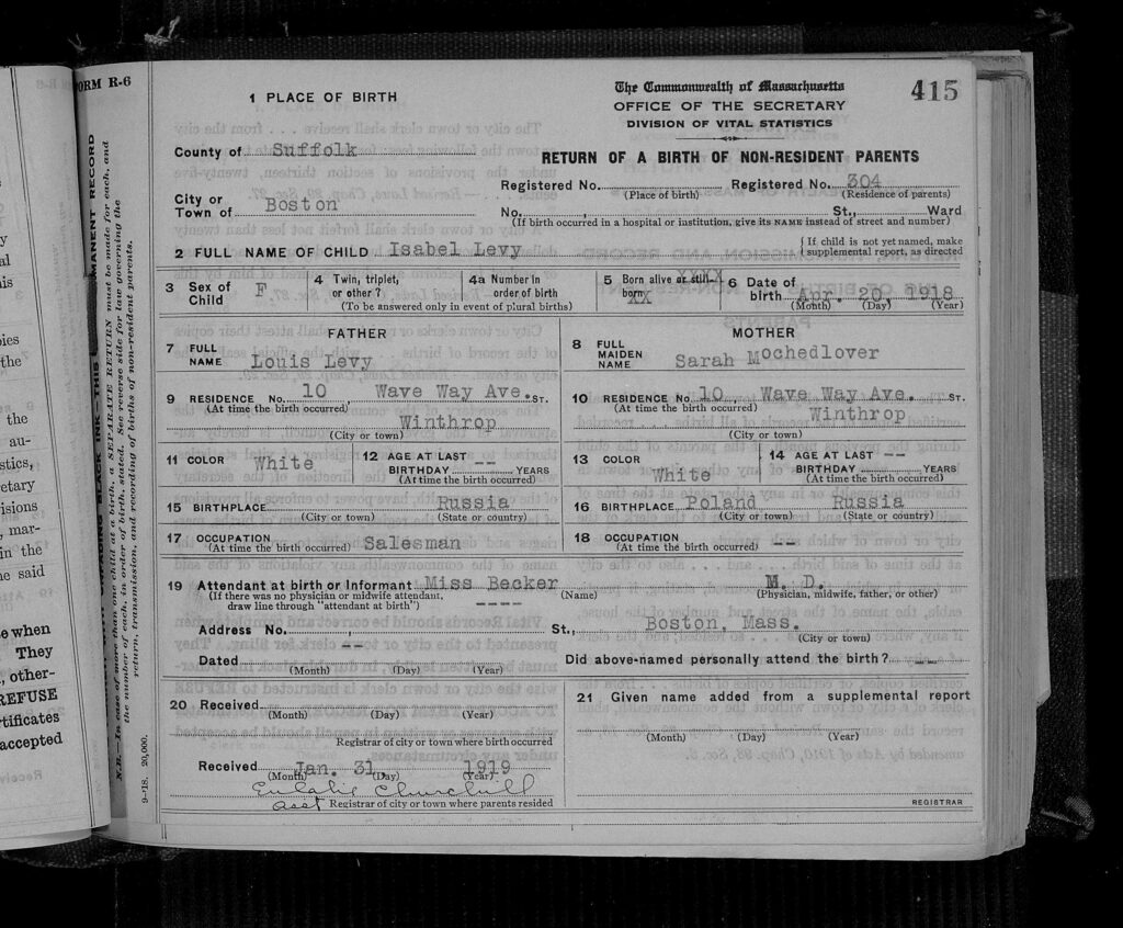 Birth Record for Louis and Sarah's daughter Isabel Levy - 1918