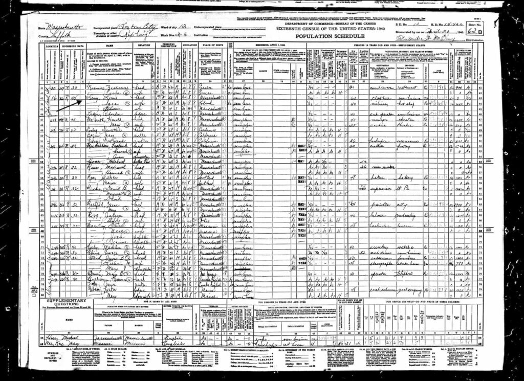 1940 Census for Louis Levy and family at 16 Copeland St. in Roxbury, MA.