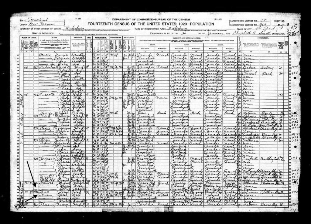 1920 Census for Louis Levy and family living at 50 East Clay Street in Waterbury, Connecticut.