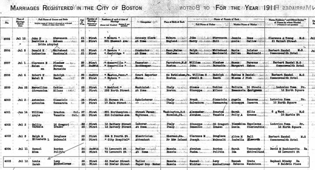 Marriage Record for Louis Levy and Sarah Mochedlover - 1911, Boston, MA (see arrow)