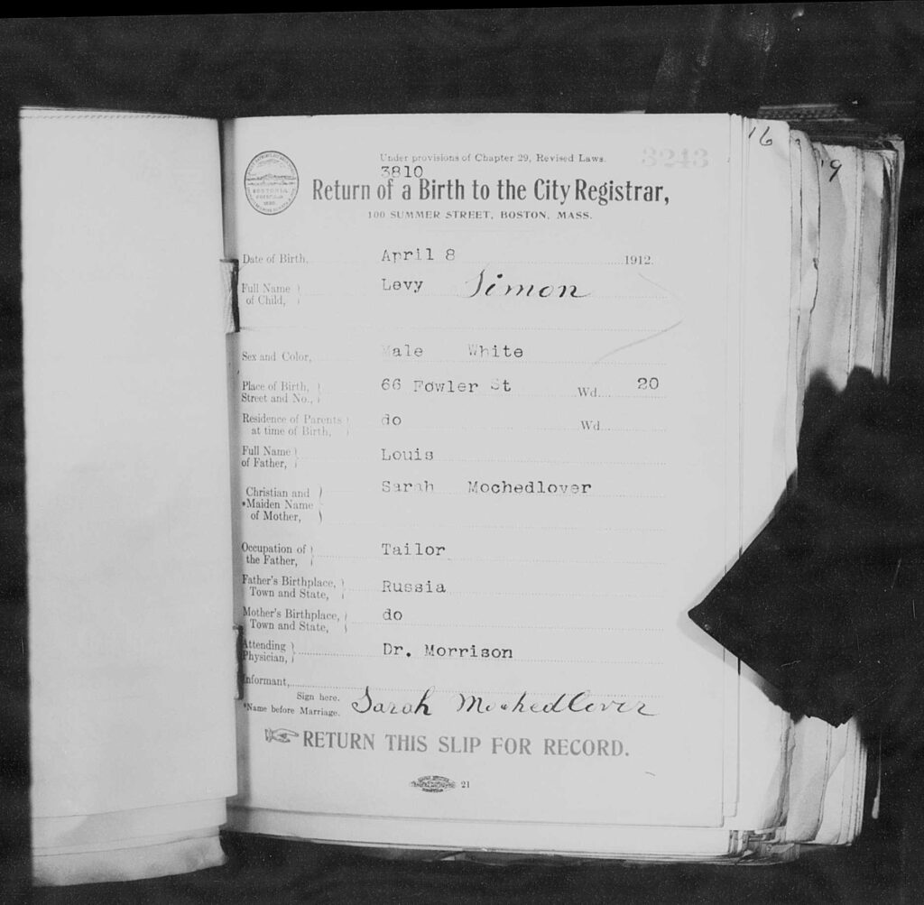 Birth Record for Simon Levy, son of Louis and Sarah Levy - 1912