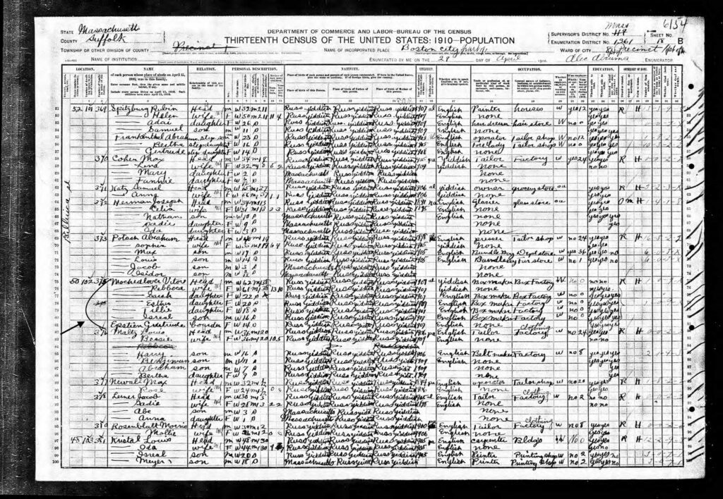 1910 Census for Sarah Mochedlover, Louis' future bride, living with her family at 50 Billerica St. in Boston, MA