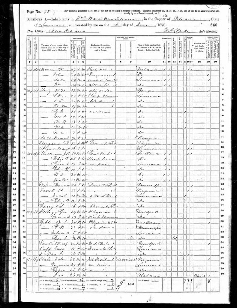 1870 Census for Elizabeth Murison in New Orleans, LA - see line 20