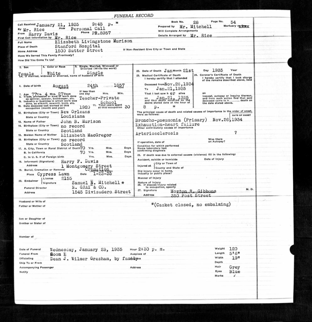 Funeral Records of Elizabeth Murison - 1935