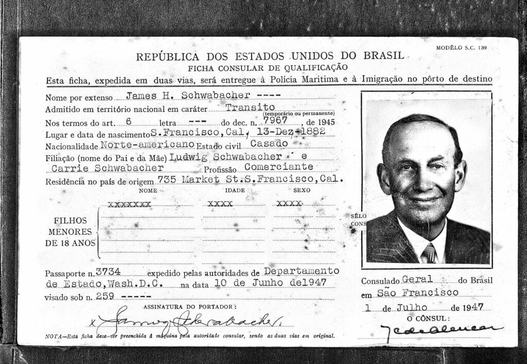 James H. Schwabacher's Immigration card for Brazil - 1947