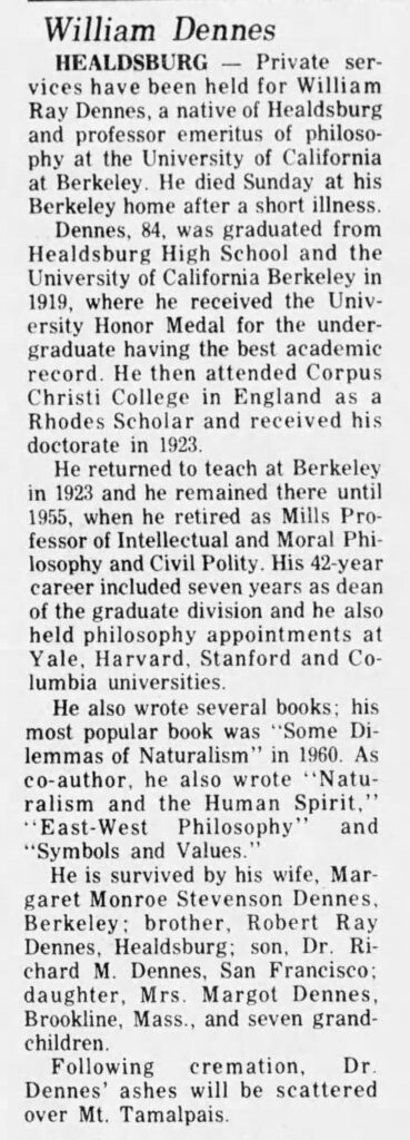 Obituary of William Dennes _ 1982