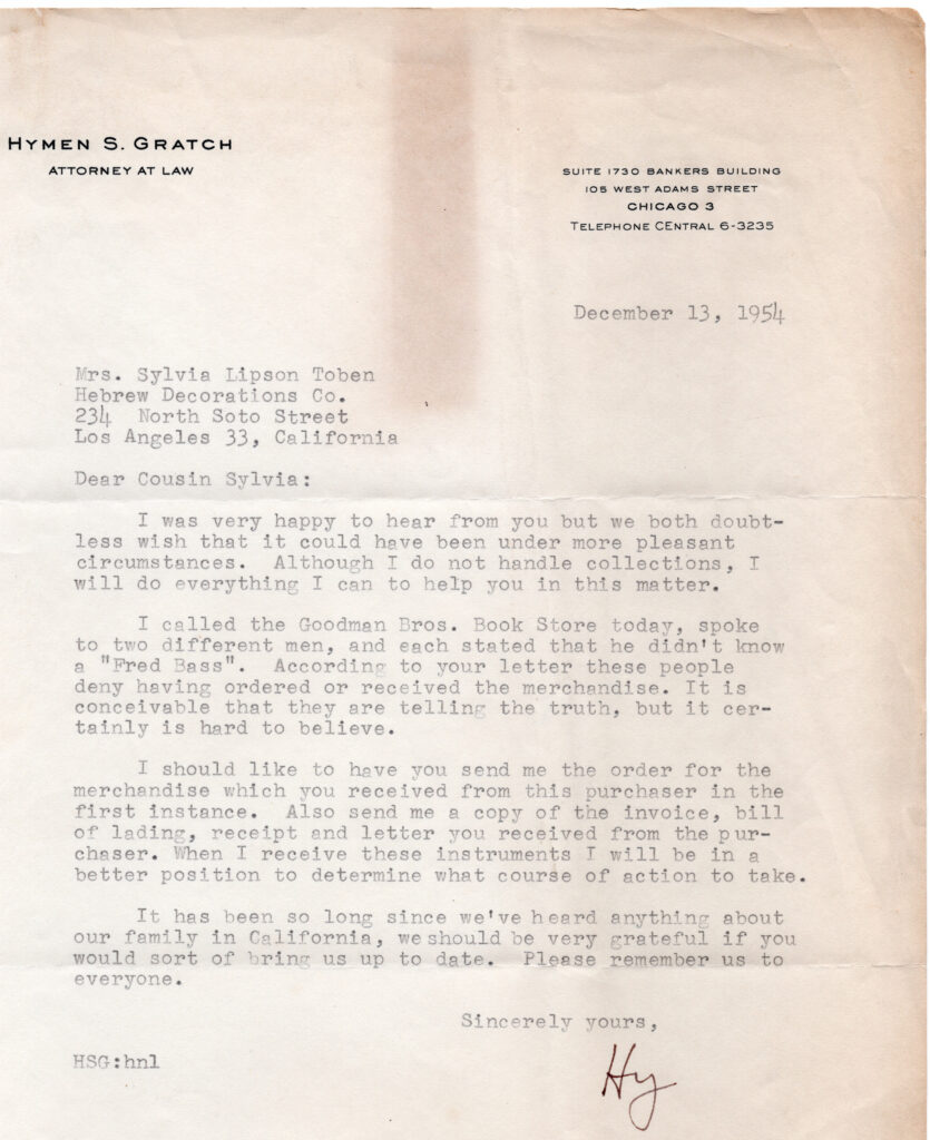 Letter from Hymen Gratch to Sylvia Lipson Toben about her business the "Hebrew Decorations Co." - 1954