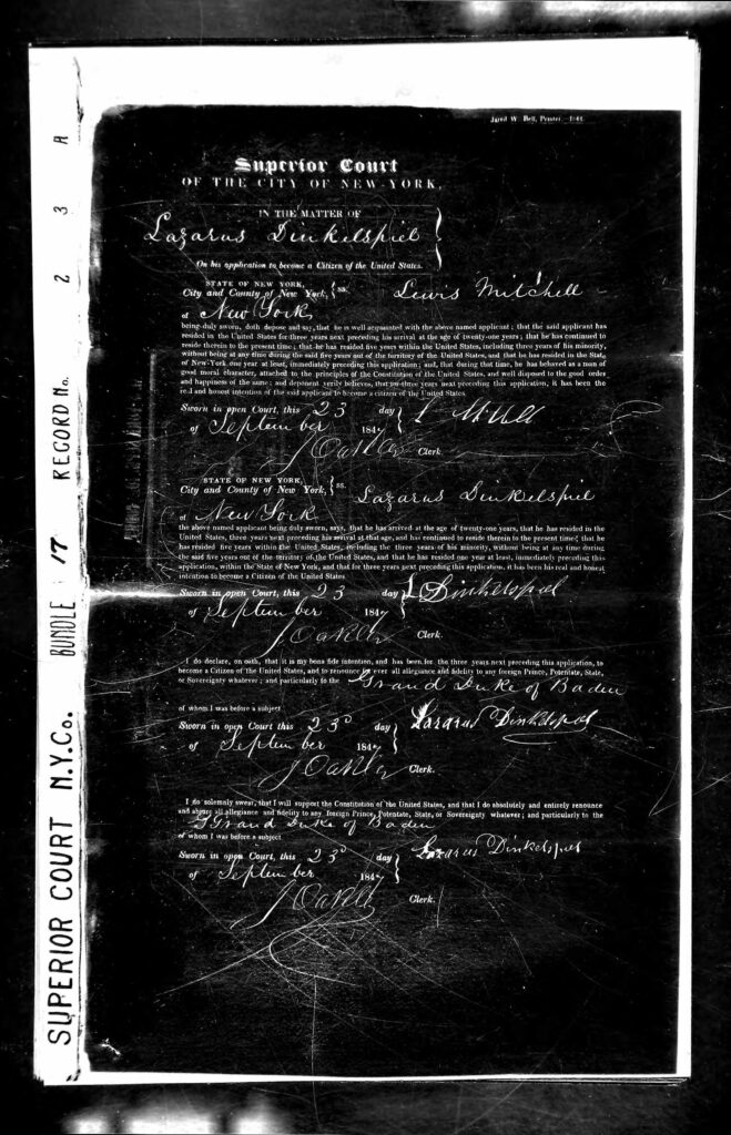 Naturalization Document of Lazarus Dinkelspiel - 1847 in NYC