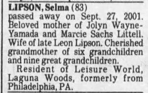 Obituary of Selma Goldstein Lipson - 2001