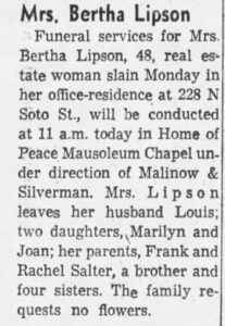 Obituary for Bertha Salter Lipson - 1958