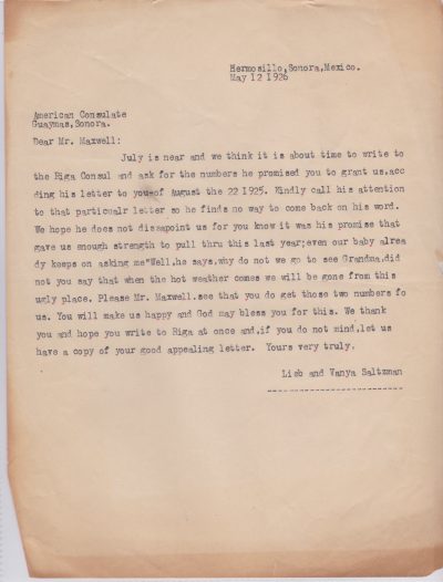 Letter to American Consul from Vanya Lieberman and Leib Saltzman - 1926